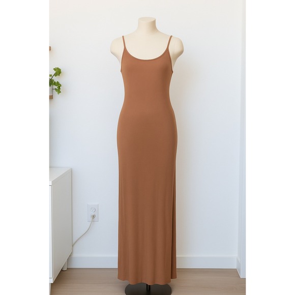 Womens Dress Size M Brown Ribbed Scoop Neck Tank Maxi Minimalist Stretch Soft - Picture 1 of 7